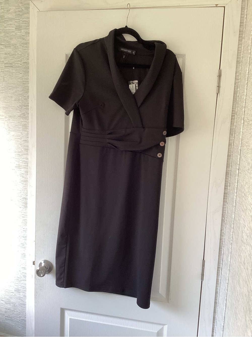 Homeyee Classic Black Midi Wrap-Style Dress with Short Sleeves XL BNWT